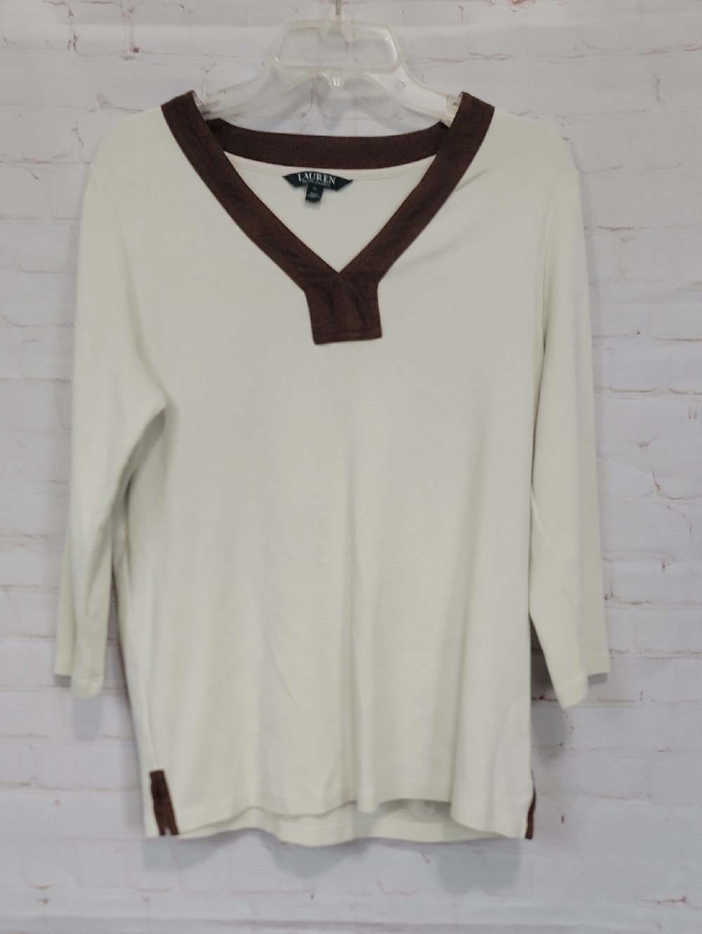 Lauren Ralph Lauren Cream Long-Sleeve V-Neck Top with Brown Trim